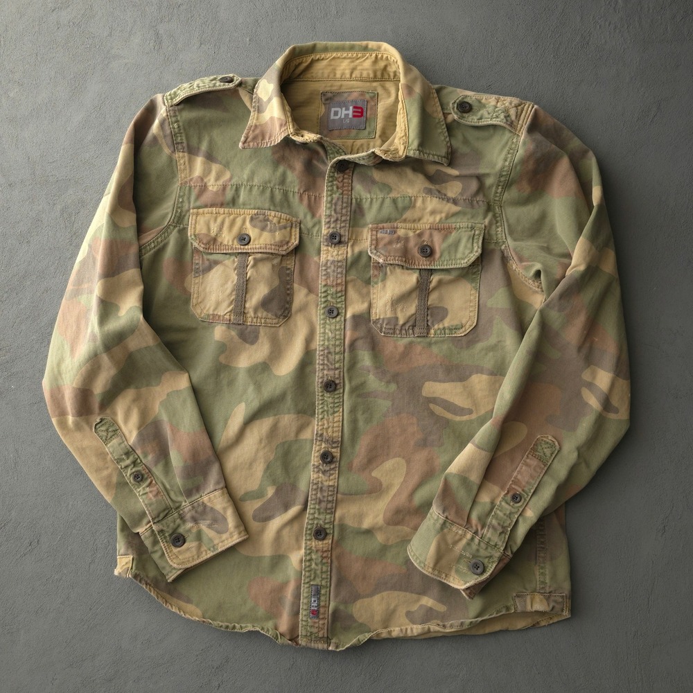 Military Style Button Down Shirt Large Green Brown Camo DH3